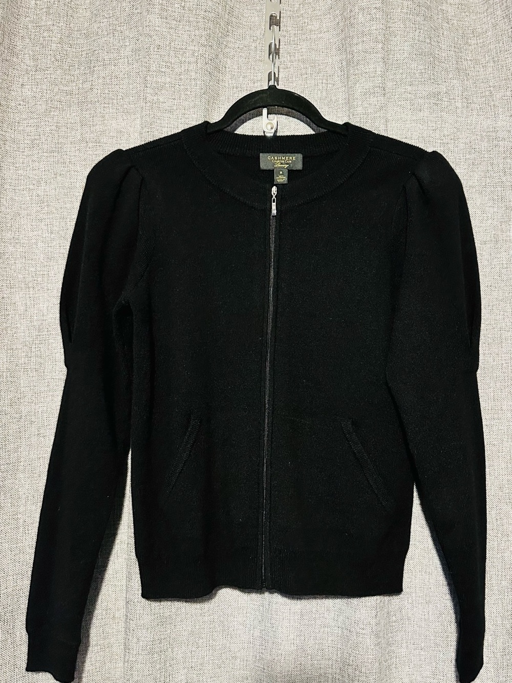 NWOT Charter Club 100% Black Cashmere Full Zip Crew Neck Puff Sleeved Cardigan